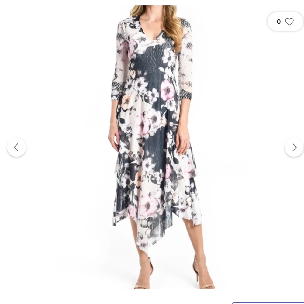 NEW Komarov Floral Print Chiffon Overlay Handkerchief Hem Dress, L